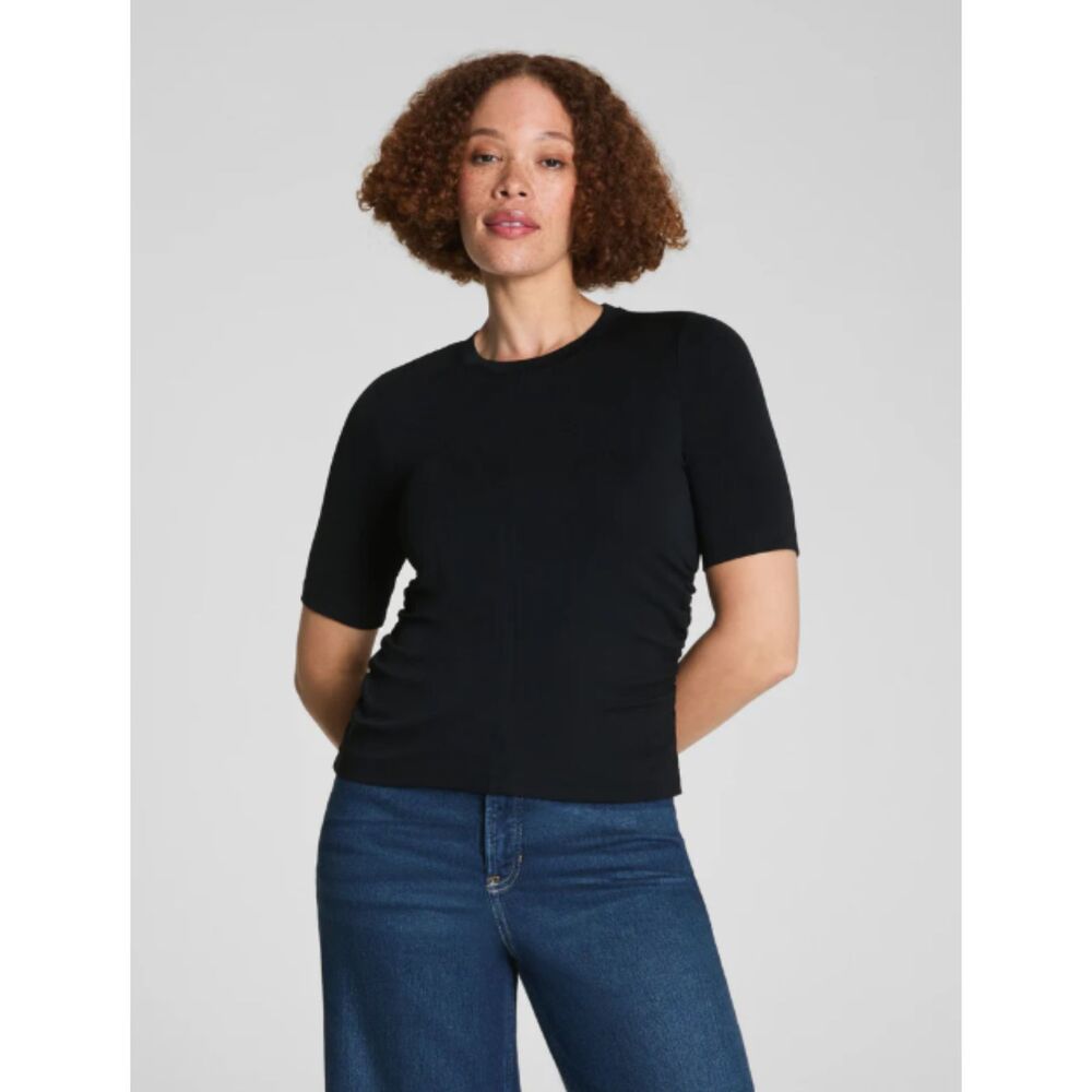 NWT SPANX Sleek Jersey Elbow Sleeve Ruched Top, Classic Black, Size M, 21456R